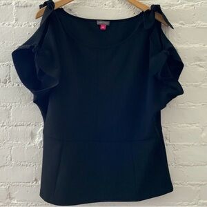Vince Camuto Peplum Top Bow Tie Shoulder Sleeves Black Career Modern Minimalist